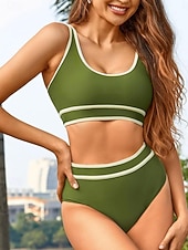 preiswerte Bikini-Sets-Damen Bikini 2-teilig Badeanzug Farbblock Hohe Taille Schlank Rückenfrei Urlaub Strandbekleidung Streifen V-Ausschnitt Ärmellose Badeanzüge
