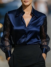 abordables Blusas Elegantes-Mujer Camisa Elegant Top de satén Blusa Frunce Encaje Retazos Color sólido Plano Elegante Vintage Diario Manga Larga Cuello Camisero Tops regulares Diario Trabajo Festivos Negro Blanco Rojo Azul Real