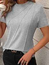 abordables T-shirt uni-Femmes T-shirt Rayé Classique Occasionnel Manche Courte Col ras du cou Hauts Réguliers Quotidien Sortir Week-end Jaune Vin Vert Gris Été Printemps