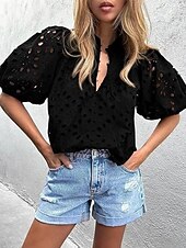 お買い得  プレーンTシャツ-女性用 ブラウス すかしカット 純色 ヴィンテージ スタイリッシュ カジュアル 半袖 Ｖネック レギュラートップス 日常 ブルー ブラック ホワイト ピンク アーミーグリーン 夏 春