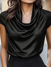 olcso Ünnepi blúzok-Női Ing elegáns Szatén felső Nyári felsők Fodrozott Kollázs Ráncolt Tömör szín Sima Elegáns Szüret Napi Rövid ujjú Aszimmetrikus Normál felsők Napi Munka Szabadság Fekete Fehér Bor Barna Nyár Tavasz