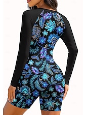 baratos Rash Guards de Uma Peça-Women's Regular Rash Guard Bathing Suit Athletic Swimwear Floral Paisley Tropical Removable Pad Front Zip Boyleg UV Sun Protection UPF50+ Stretchy Long Sleeve Swimwear Bodysuit Surfing Beach Water