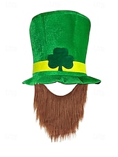 お買い得  アクセサリー-男性用の聖パトリックの日のレプラコーン帽子と偽のひげのセット、取り外し可能な偽のひげが付いた緑のアイルランドの衣装のトップハット、柔らかいポリエステル素材、パレード、パーティー、フェスティバルの衣装に使えるマルチカラーオプション