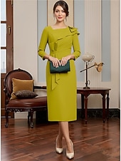 voordelige Thee Lengte-Sheath Column Tea Length Party Dress Cocktail Dress Wedding Guest Dress Mother of the Bride Dress Long Sleeve Square Neck Elegant Minimalist Formal Wedding Guest Stretch Fabric with Ruched Beading