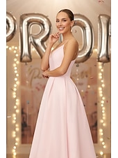 preiswerte Lange Kleider &amp; Abendkleider-A-Linie Tee-Länge Satinkleid Cocktailkleid Urlaubskleid Abiballkleider Elegant Ärmellos V Ausschnitt Abschlussball Gartenparty Rosa Kleid Satin mit Falten