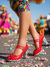 baratos Sapatos femininos-Sapatos Elegantes de Salto Chunky com Fivela em Laço de Carnaval Diário Femininos de Mardi Gras em Preto Branco e Amarelo com Bico Redondo
