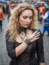 お買い得  アクセサリー-ウィメンズ マルディグラ ブラック レース スチームパンク チョーカーネックレスとブレスレットセット - ゴシックコスプレ、カーニバル、ハロウィンコスチューム用の合金ギアと時計ペンダント