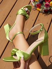 baratos Convidado do casamento-Sandálias femininas verdes de cetim com salto bloco e nó - elegantes sapatos de casamento com tira no tornozelo para damas de honra. &amp;convidados, saltos altos elegantes e confortáveis para o jardim