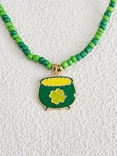 levne Příslušenství-Dámský náhrdelník s trojlístkem ze slitiny a akrylu s různými styly přívěsků, zelené korálky, ideální na Den svatého Patrika i na každodenní nošení