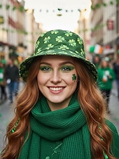 abordables Accesorios-Sombrero de pescador con estampado de trébol verde para mujer: divertido y elegante para el Día de San Patricio, festivales y ropa informal.