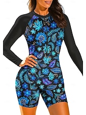 baratos Rash Guards de Uma Peça-Women's Regular Rash Guard Bathing Suit Athletic Swimwear Floral Paisley Tropical Removable Pad Front Zip Boyleg UV Sun Protection UPF50+ Stretchy Long Sleeve Swimwear Bodysuit Surfing Beach Water