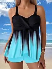 preiswerte Tankinis-Damen Tankini 2-teilig Badeanzug Shorts Bauchkontrolle Hohe Taille Slim Rückenfrei Urlaub Strandbekleidung Ombre Gestreift V-Ausschnitt Ärmellose Badeanzüge