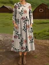 economico Abito Boho-Per donna Abito Midi Tubino Abito Pieghettato Vacanza Casual Boho Ferie Abito Primaverile Vestibilità regolare Floreale Grafico Manica Lunga Girocollo Grigio rosa Arancione Primavera Autunno Inverno