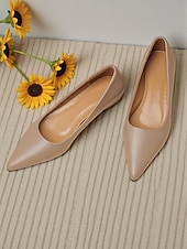 cheap Women's Flats-Women's Elegant White Pointed Toe Flats with Low Block Heel, Comfortable and Stylish Footwear for Casual or Office Wear