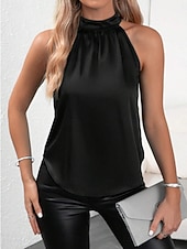 tanie Gładkie bluzki-Damskie Satynowa koszula Koszula obozowa Z marszczeniami Jednokolorowe Równina Elegancja Elegancki Bez rękawów Kantarka Zwykłe topy Święto Wyjściowe Czarny Żółty Czerwony Fuksja Zielony Lato Wiosna