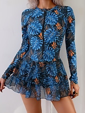 billiga Tankinis-Dam Badkläder Tankini 2 st Kjol Baddräkt Magkontroll Hög midja Smal Elegant Semester Blommig Rund hals Långärmad Baddräkter