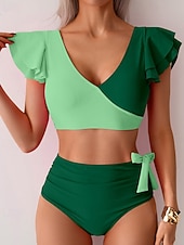 Χαμηλού Κόστους Σετ μπικίνι-Γυναικεία Μαγιό 2 κομμάτι Προκλητικό Μαγιό Σουρωτά Κουρελού Εξώπλατο Διακοπές Ρούχα παραλίας Συνδυασμός Χρωμάτων Λαιμόκοψη V Αμάνικο Μαγιό