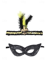 levne Příslušenství-Dámská souprava masky a čelenky na karneval Mardi Gras z polyesteru s flitry – živé barvy s peřím ideální pro karneval a maškarní večírky