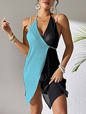 preiswerte Strandkleider-Damen Cover Up Badeanzug Kleid Patchwork Urlaubs Strandbekleidung Uni-Farbe V-Hals Ärmellose Badeanzüge