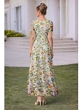  Corte A Vestidos Hasta el Suelo Hasta el Tobillo Bordado con cuentas Vestido de Fiesta Vestido Cóctel Vestido de Madrina Manga Corta Escote en Pico Elegante Vintage Formal Encaje Tul Encaje perlado