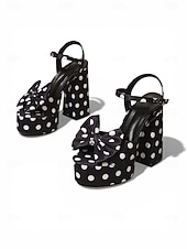 abordables Sandalias de Plataforma-Sandalias de plataforma con lunares negros para mujer: sandalias de tacón alto grueso con tiras en el tobillo y punta abierta con lazo retro para fiestas nocturnas y clubes. &amp;eventos nocturnos