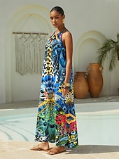 economico abito casual stampato-abito lungo leopardato in seta, perfetto per una festa selvaggia nella giungla.