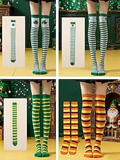  Dámské ponožky ke Dni svatého Patrika (4 ks) - zelený trojlístek &pruhované ponožky nad kolena, slavnostní irské kostýmní punčochové zboží na přehlídku, večírek &oslava svátků