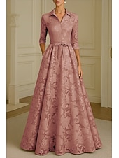 economico Lunghezza del pavimento-Linea ad A Lunghezza al pavimento Abito Camicia Abito Formale Abito da sera Abito da cerimonia per signora Manica Lunga Colletto a Camicia Elegante Vintage Formale Raso Jacquard con Fiocco/Fiocchi