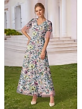  Corte A Vestidos Hasta el Suelo Hasta el Tobillo Bordado con cuentas Vestido de Fiesta Vestido Cóctel Vestido de Madrina Manga Corta Escote en Pico Elegante Vintage Formal Encaje Tul Encaje perlado