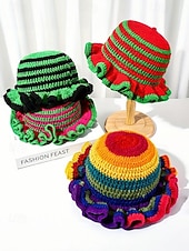 お買い得  アクセサリー-女性用クロシェラッフルバケットマルディグラハット – カーニバル、コスチュームパーティー、ボヘミアンシックスタイル用の多色レインボーニットフェスティバルキャップ