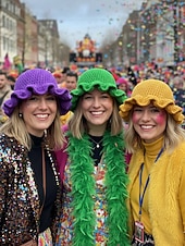 お買い得  アクセサリー-女性用クロシェラッフルバケットマルディグラハット – カーニバル、コスチュームパーティー、ボヘミアンシックスタイル用の多色レインボーニットフェスティバルキャップ