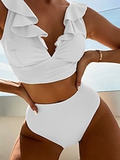 abordables Traje de baño de mujer-Mujer Bañadores 2 piezas Pícaro Traje de baño Volante Espalda al Aire Vacaciones Ropa de playa Plano Escote en Pico Sin Mangas Trajes de baño