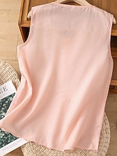 Недорогие Основные искусственные рубашки-Жен. Летние вершины Блуза Искусственный хлопок и лен Рюши Пэчворк Вышивка Сплошной цвет Элегантный стиль Дамы Стиль Без рукавов U-образный вырез Обычные топы Повседневные Офис На выход