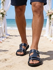 abordables sandales-Sandales à enfiler bleu marine pour homme – design moderne avec détails brillants, parfaites pour les journées à la plage, les tenues décontractées, les occasions informelles et les mariages.
