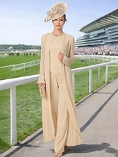 preiswerte Hosenanzüge für Mama-Overall Hosenanzug Dreiteilig Bodenlang Brautmutterkleid Langarm Bateau-Ausschnitt Elegant Übergröße Mit Schal Formell Hochzeitsgast Chiffon Mit Schal mit Perlenstickerei