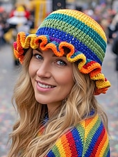 お買い得  アクセサリー-女性用クロシェラッフルバケットマルディグラハット – カーニバル、コスチュームパーティー、ボヘミアンシックスタイル用の多色レインボーニットフェスティバルキャップ