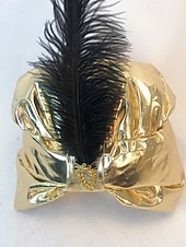 levne Příslušenství-Pánský zlatý metalický polyesterový klobouk na Mardi Gras s peřím a broží - princ sultán nebo arabská pokrývka hlavy pro karneval a maškarní akce