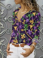 preiswerte Blumenblusen-Karneval Damen Hemd Bluse Grafisch Geometrisch Vintage Lässig Langarm V-Ausschnitt Hemdkragen Reguläre Oberteile Tägliche Patchwork Knöpfe Druck Schwarz Lila Sommer Frühling Herbst Winter