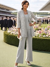 preiswerte Hosenanzüge für Mama-Dreiteilig Knöchellänge Brautmutterkleid Dreiviertelarm Rundausschnitt Party Glanz &amp; Glamour Hochzeitsgast Hochzeitsfeier Familientreffen Chiffon Spitze mit Paillette Einfarbig