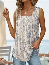 Недорогие Цветочные блузки-Жен. Рубашка Футболка Пэчворк С принтом Сплошной цвет Цветочный принт Графика Элегантный стиль Стиль Классика Без рукавов U-образный вырез Обычные топы Повседневные На выход выходные