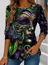 economico Abbigliamento femminile per il Carnevale-T-shirt da Donna Carnival Grafica Geometrica Vintage Elegante Classica Maniche Lunghe Collo Giro Regular Tops Stampa Quotidiana Weekend Giallo Verde Scuro Viola Primavera Autunno