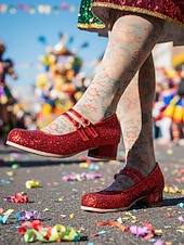 preiswerte Frauen Schuhe-Damen Mardi Gras Glitzer Mary Jane Schuhe – Funkelnde Doppelriemen Niedrigblockabsätze festliche Karnevalsparty-Fußbekleidung für Umzugsteilnehmer Tänzerinnen und Feier-Outfits