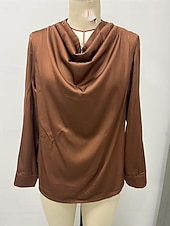 economico Bluse Eleganti-Per donna Camicia Elegant Top in raso Blusa Arricciato Patchwork Drappeggiato Tinta unica Semplice Elegante Vintage Signore Manica Lunga Scollo a Cascata Top Regolari Quotidiano Lavoro Ferie Marrone