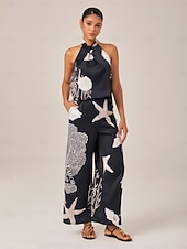 abordables Trajes de blusa para mujer-Mujer Escote Cruzado Elegante Vacaciones Casual Perneras anchas Sin Mangas Negro S M L Verano Primavera