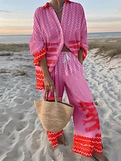baratos Conjuntos-Mulheres Camisa Social Conjunto com toque de linho Conjuntos de linho de algodão Calças de linho Calças Manga Longa Colarinho de Camisa Bloco de cor Patchwork Moda Roupa de rua Roupa Diária Encontro