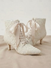 cheap Bride-Women's Vintage Lace Ankle Boots with Satin Ribbon Laces and Kitten Heels – Elegant Bridal Shoes for Weddings and Victorian-Inspired Events