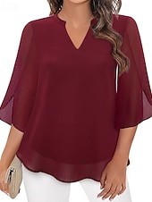abordables Blouses Élégantes-Femmes Chemisier Hauts en mousseline de soie Patchwork Uni Élégant Occasionnel Demi Manches Col en V Hauts Réguliers Quotidien Fête Sortir Noir Rose Claire Vin Rouge Bleu Roi Été Printemps Automne