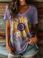 ieftine tricou floral-Pentru femei Tricou Imprimeu Floral Grafic Epocă Stilat Casual Manșon scurt În V Topuri obișnuite Zilnic Albastru piscină Roz Îmbujorat Mov Vară Primăvară