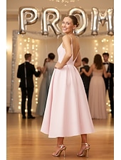 preiswerte Lange Kleider &amp; Abendkleider-A-Linie Tee-Länge Satinkleid Cocktailkleid Urlaubskleid Abiballkleider Elegant Ärmellos V Ausschnitt Abschlussball Gartenparty Rosa Kleid Satin mit Falten