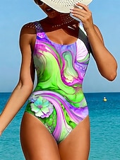 cheap One-piece swimsuits-Women's Swimwear One Piece High Cut Swimsuit Beach Wear Summer Graphic Geometic U Neck Sleeveless Bathing Suits